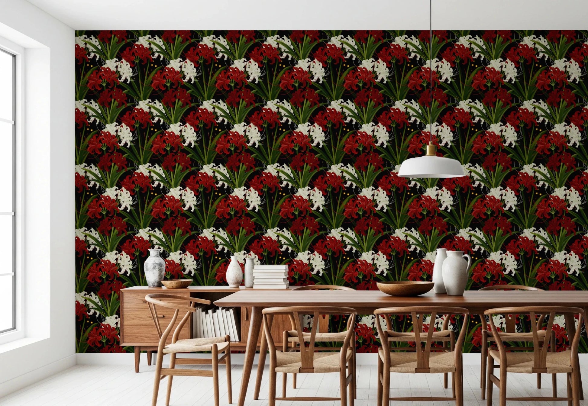 Crimson spider lily pattern for a romantic room.