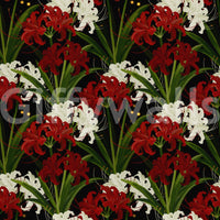 Dark floral wall covering with spider lily motif.