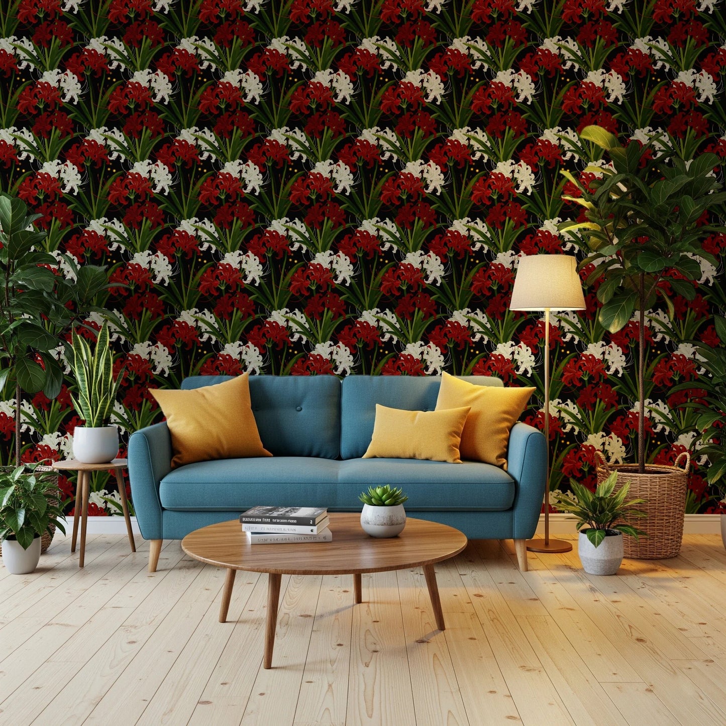 Red and white spider lily floral pattern on black.