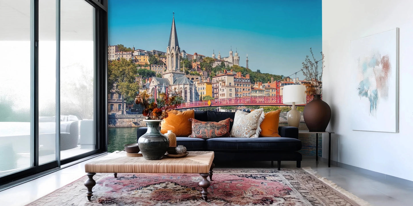 Blue water reflecting historic Lyon landmarks.