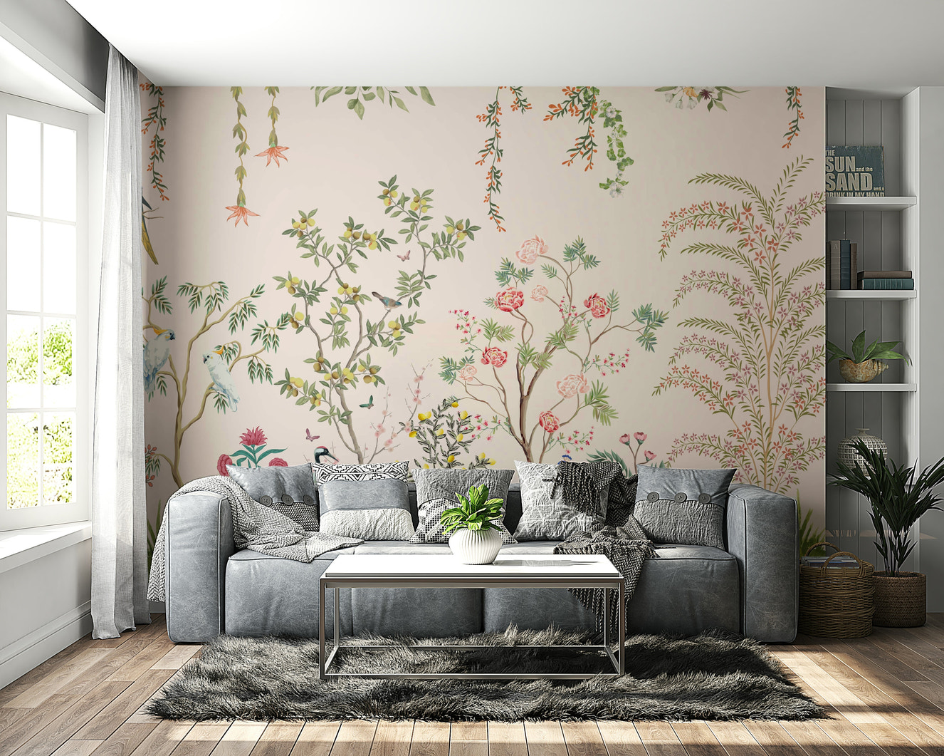 A wall mural of a peaceful Chinoiserie floral pattern.

