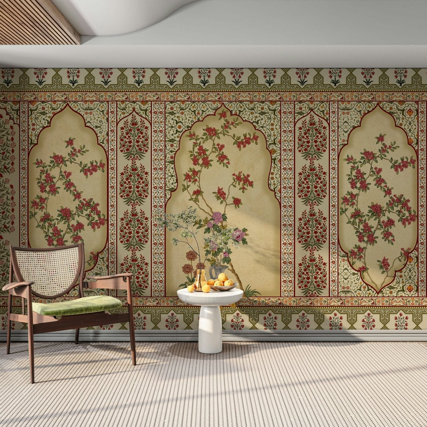 The design features a repeating pattern of soft, intricate jharokha shapes.

