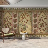 The design features a repeating pattern of soft, intricate jharokha shapes.

