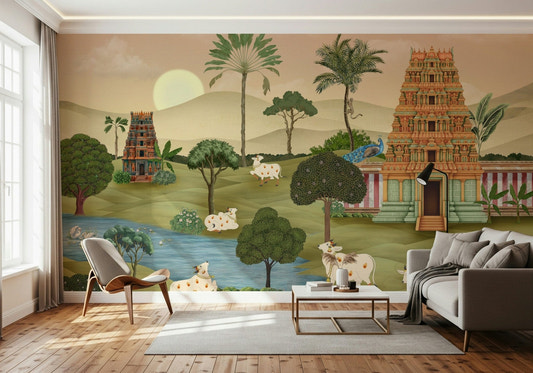 Madhuban Moonlight mural artwork with layered leaves and night shading