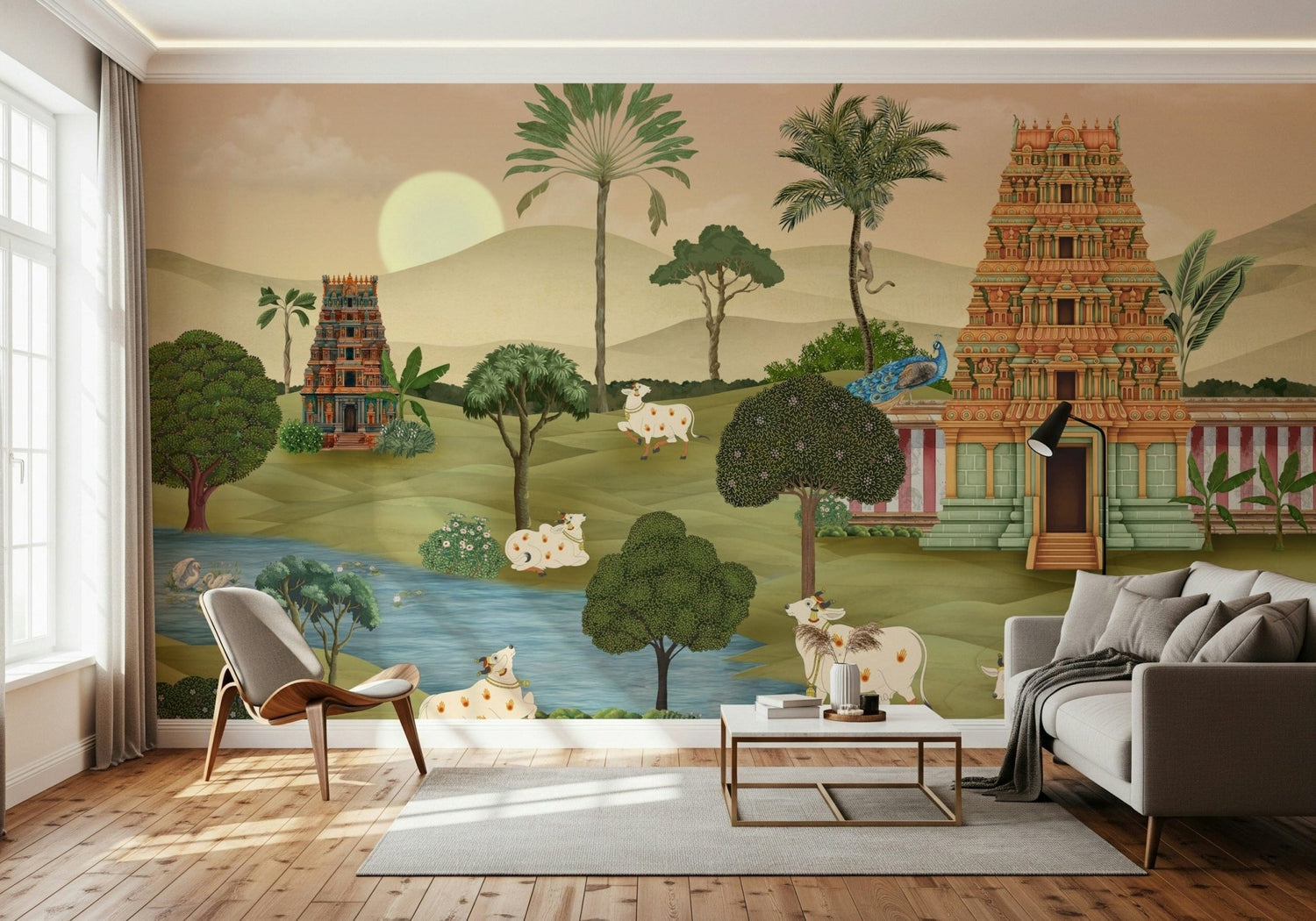 Madhuban Moonlight mural artwork with layered leaves and night shading, GD7544