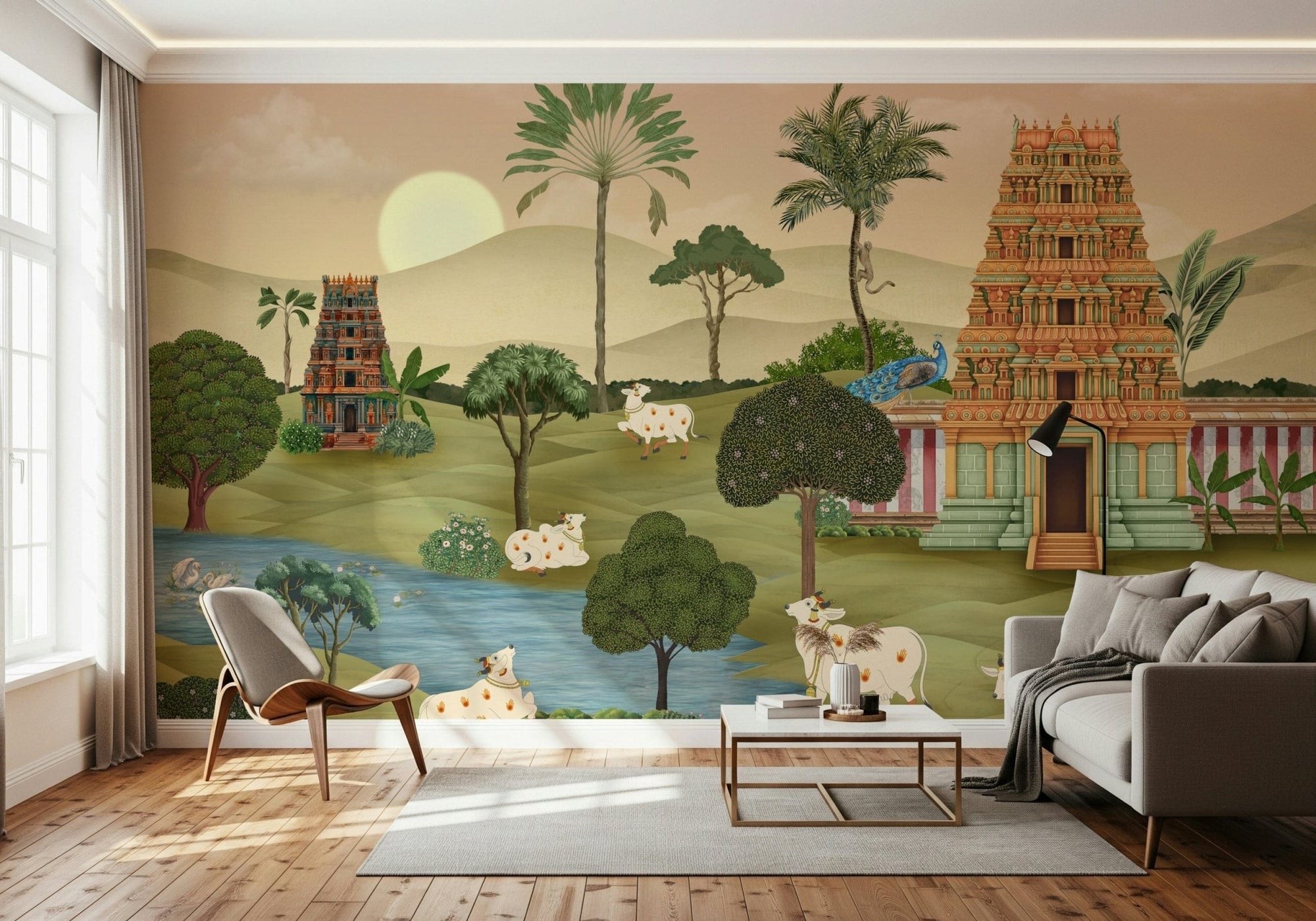 Madhuban Moonlight mural artwork with layered leaves and night shading, GD7544