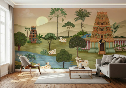 Madhuban Moonlight mural artwork with layered leaves and night shading