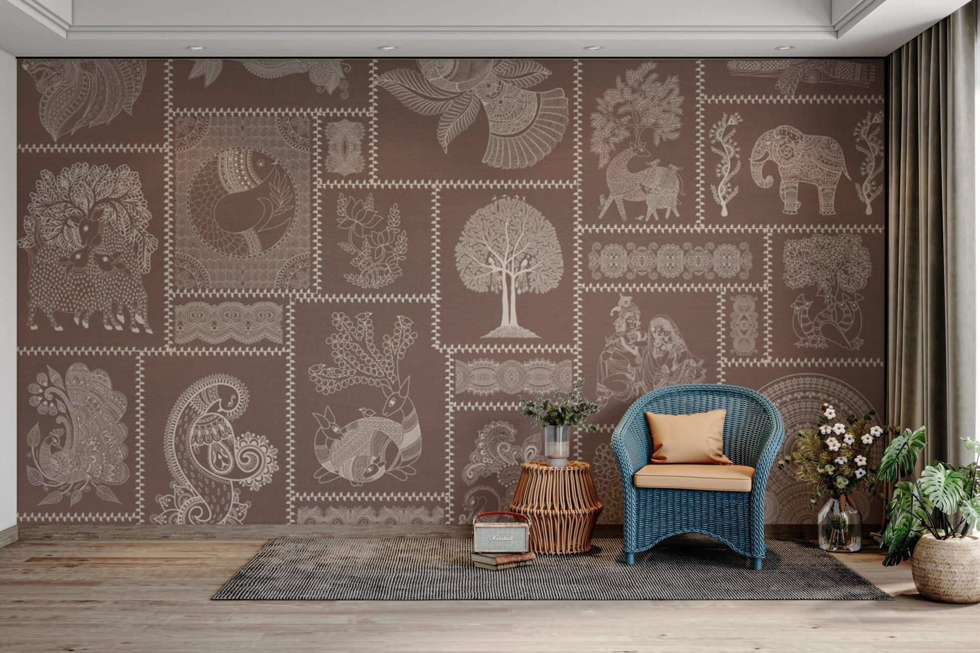 Hand-drawn tribal icons on warm base

