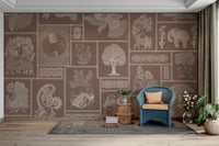 Hand-drawn tribal icons on warm base

