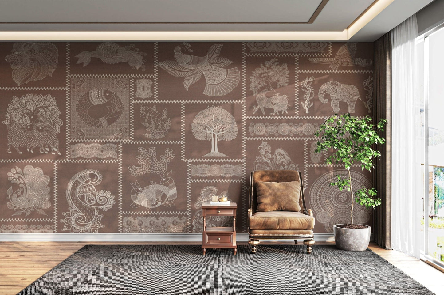 Traditional Warli art in muted red

