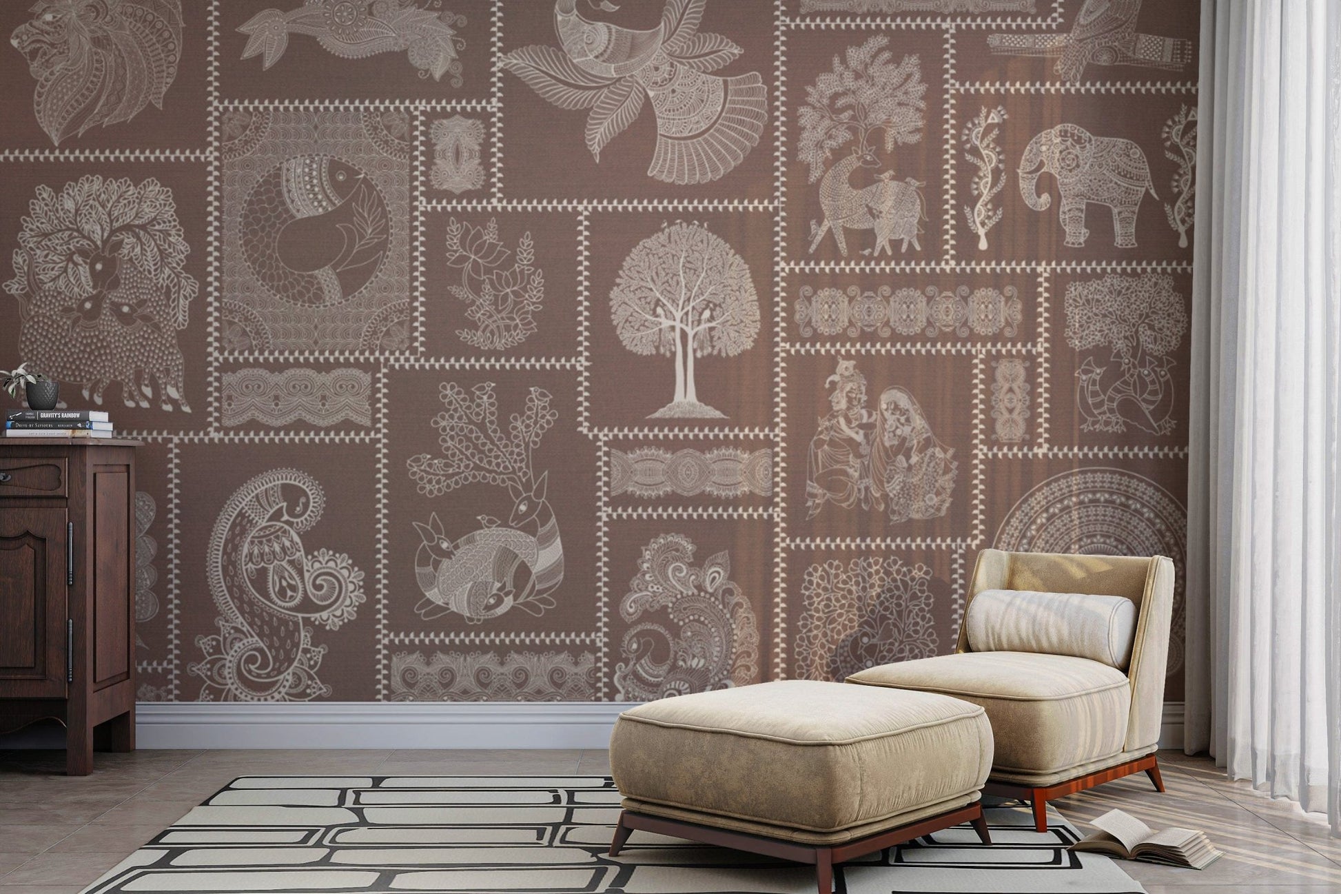 Folk art patterns in warm earthy tones

