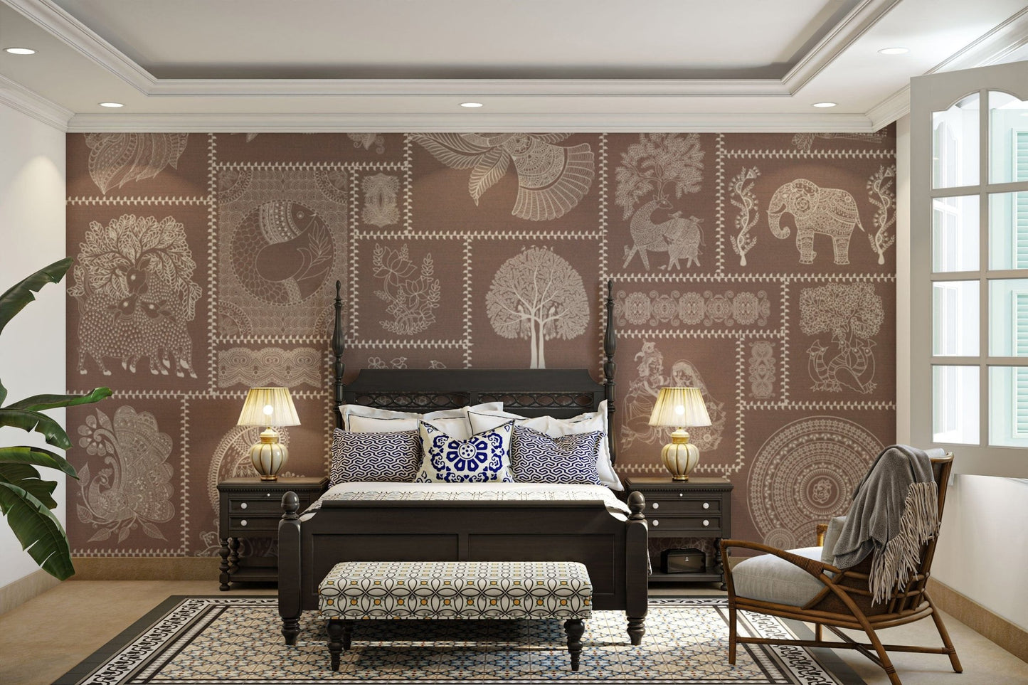 Terracotta toned cultural art wallpaper

