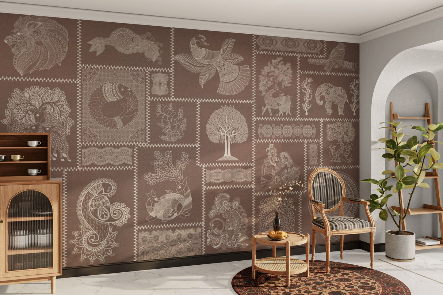 Warli fusion design on terracotta base

