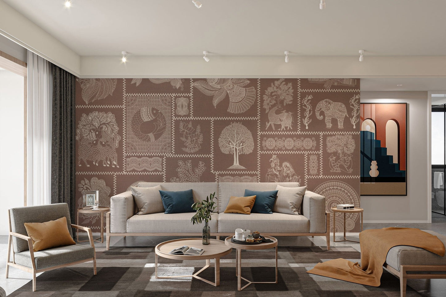 Warli figures and trees in warm hues

