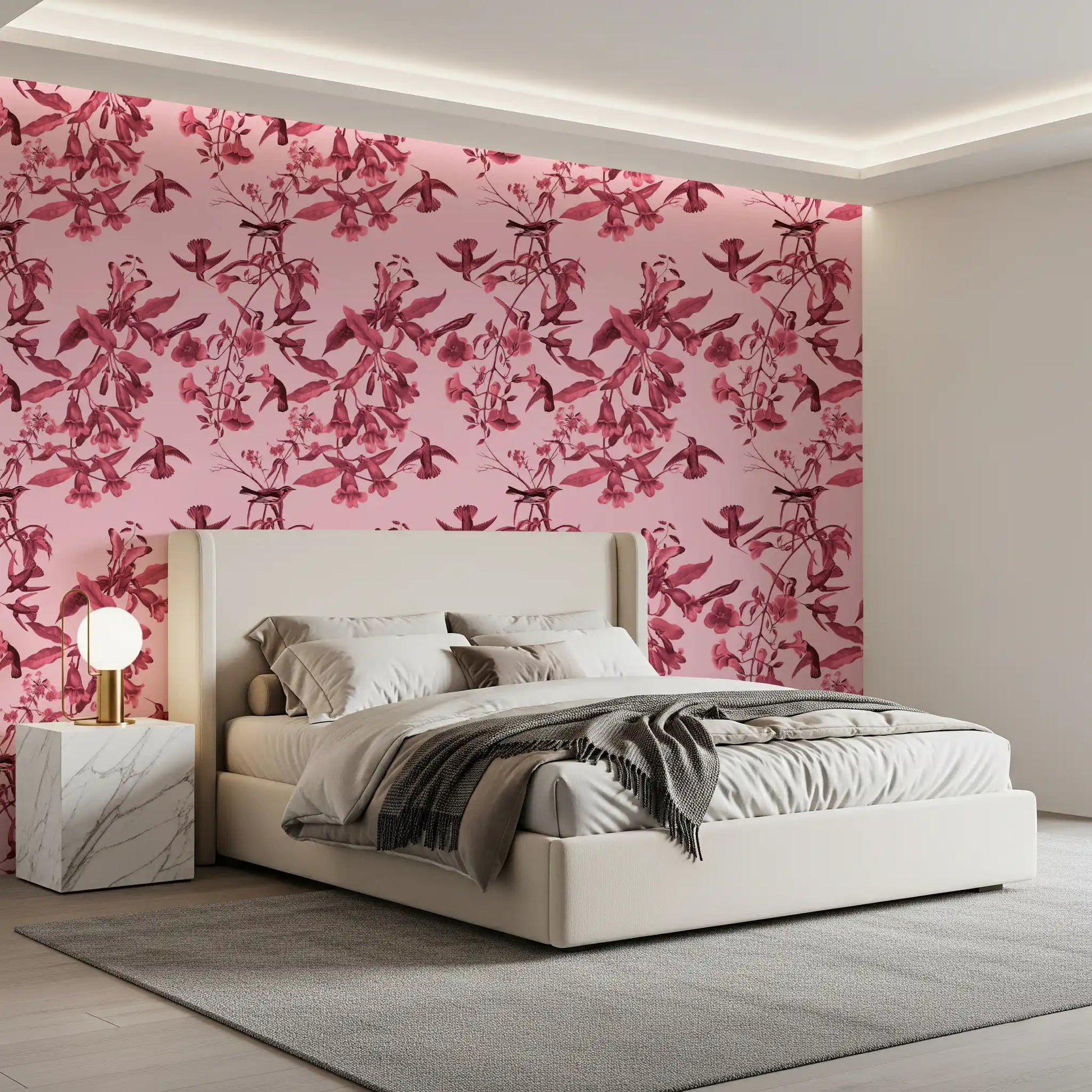 Soft Magenta Botanical wallpaper in bedroom with floral birds