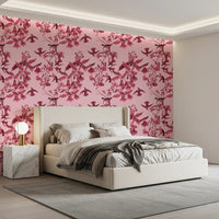 Soft Magenta Botanical wallpaper in bedroom with floral birds