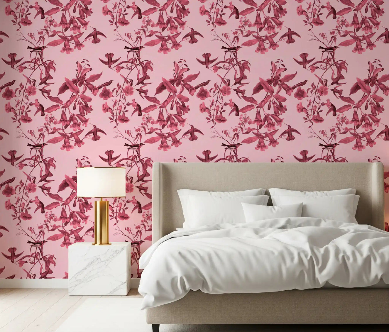 Decorative wallpaper with Flight birds and Magenta floral stems