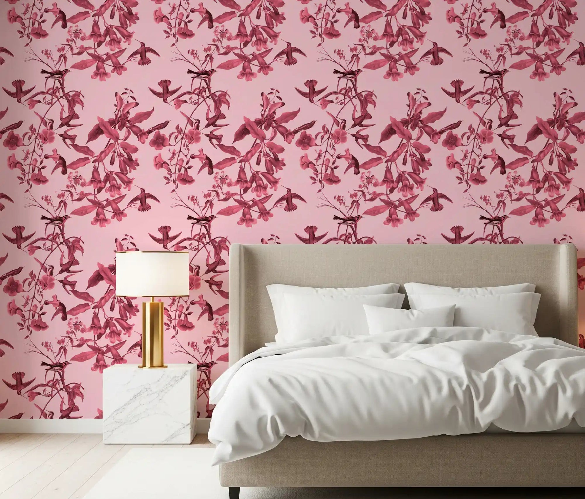 Decorative wallpaper with Flight birds and Magenta floral stems, GD9340