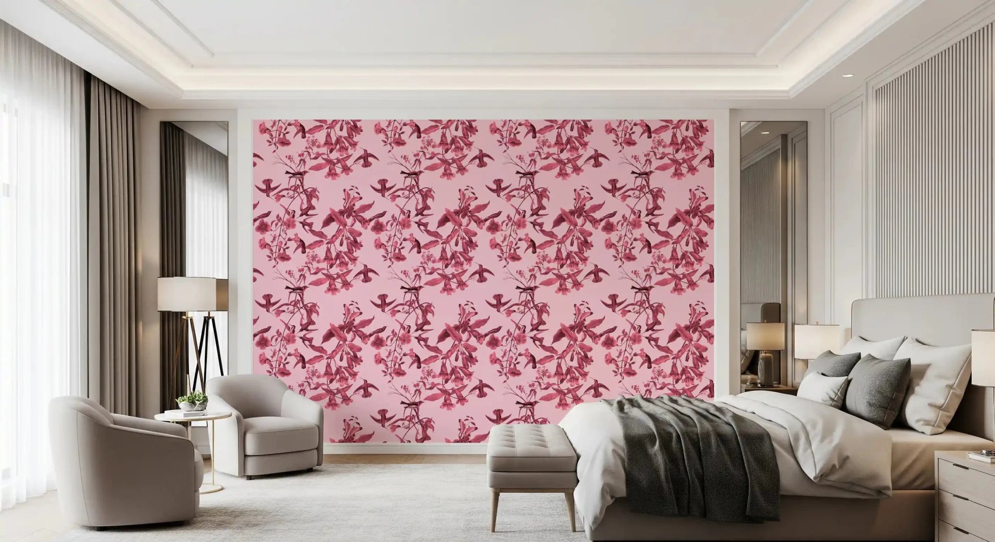 Trailing vine wallpaper with Magenta Botanical bird branch detail
