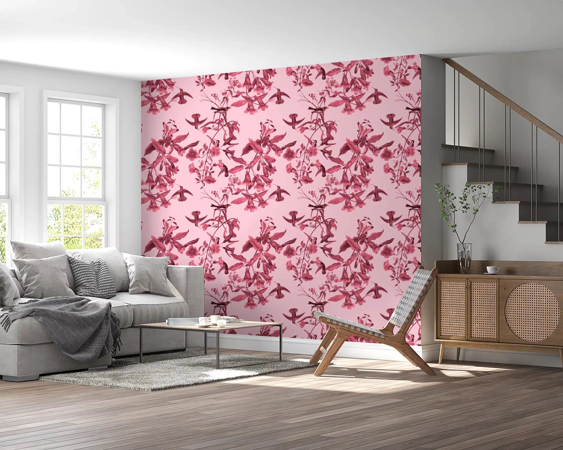 Botanical Flight wallpaper in hallway with pink branch pattern