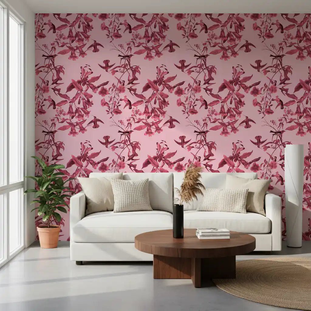 Pink Botanical Flight wallpaper with layered floral branches