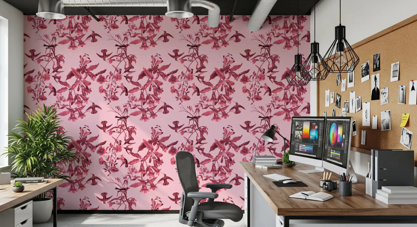 Magenta bird wallpaper with Botanical vines and soft leaf detail