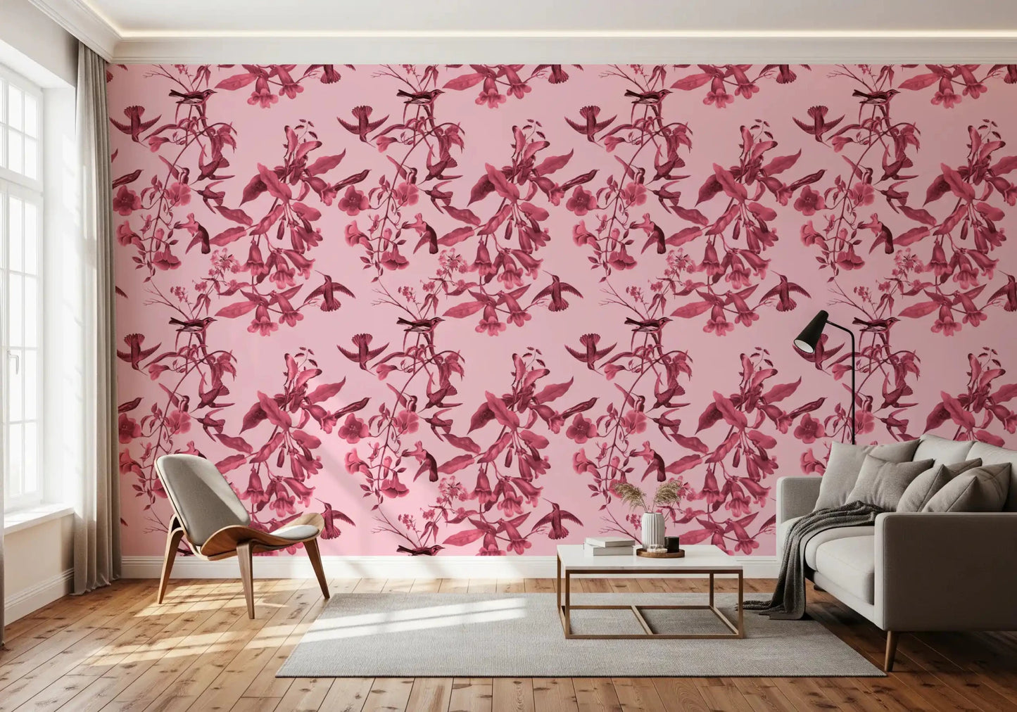 Rich Magenta Botanical wallpaper with birds and vine trail detail