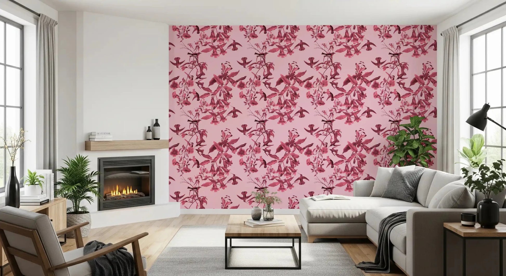 Botanical wallpaper with Magenta Flight branches and bird motifs