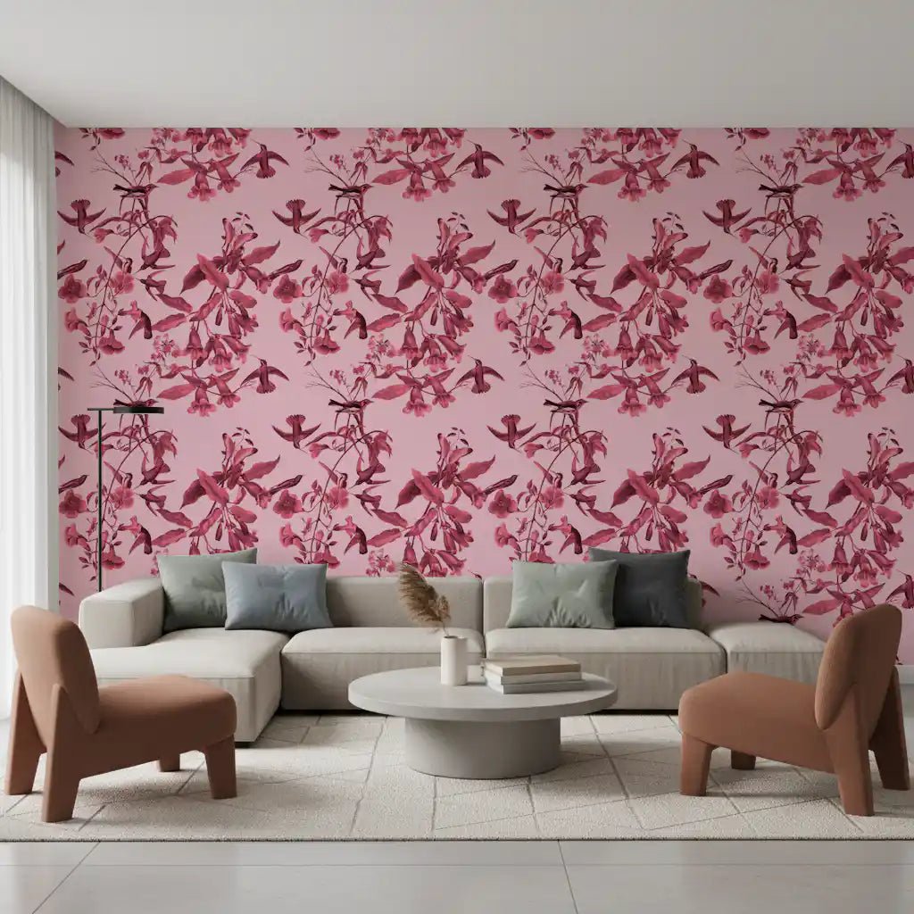 Magenta Botanical Flight wallpaper in living room with bird vines