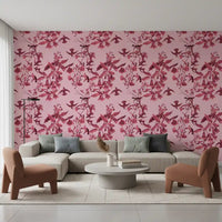 Magenta Botanical Flight wallpaper in living room with bird vines