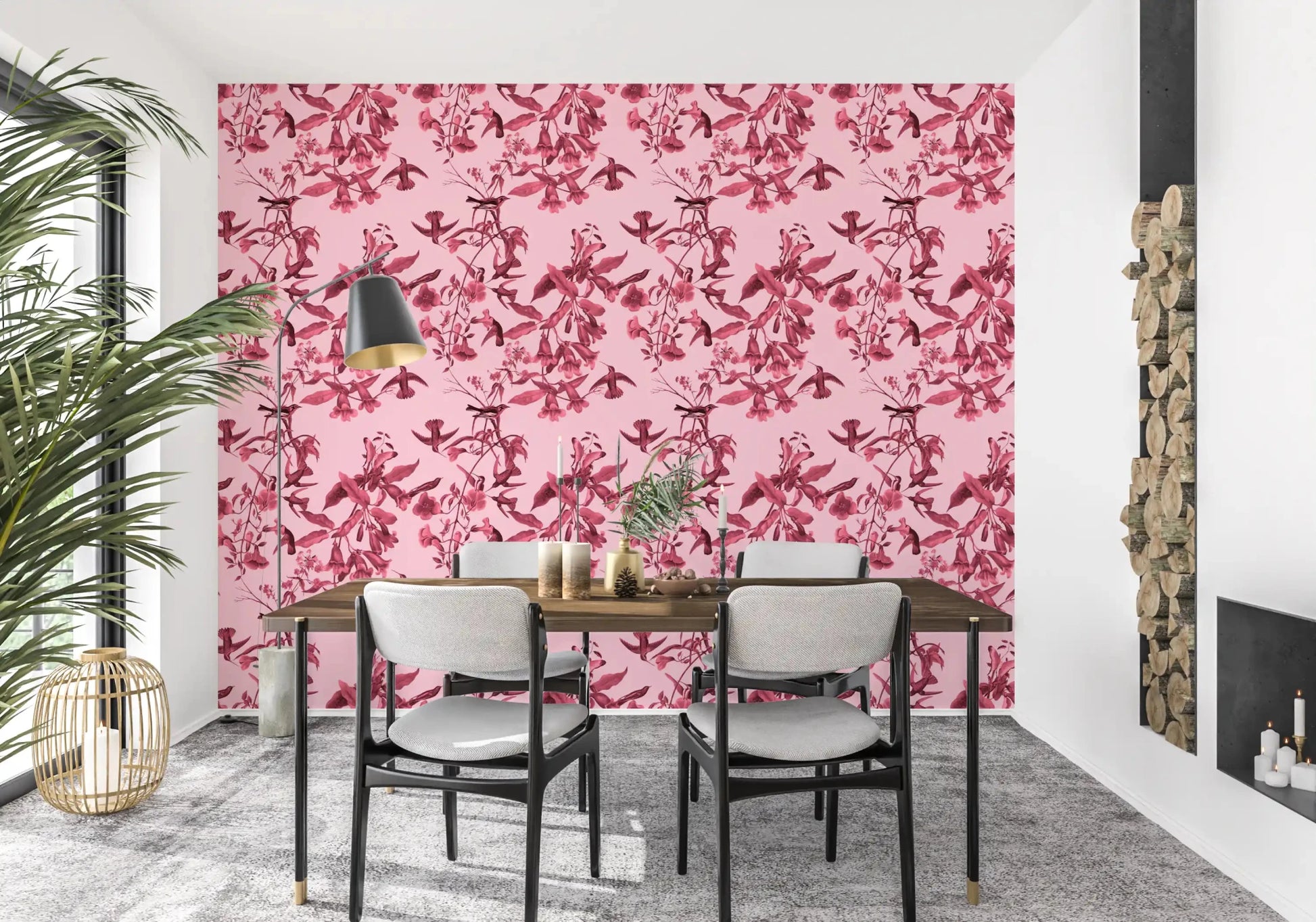 Magenta Flight wallpaper in study room with leafy bird detail