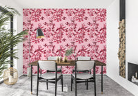 Magenta Flight wallpaper in study room with leafy bird detail