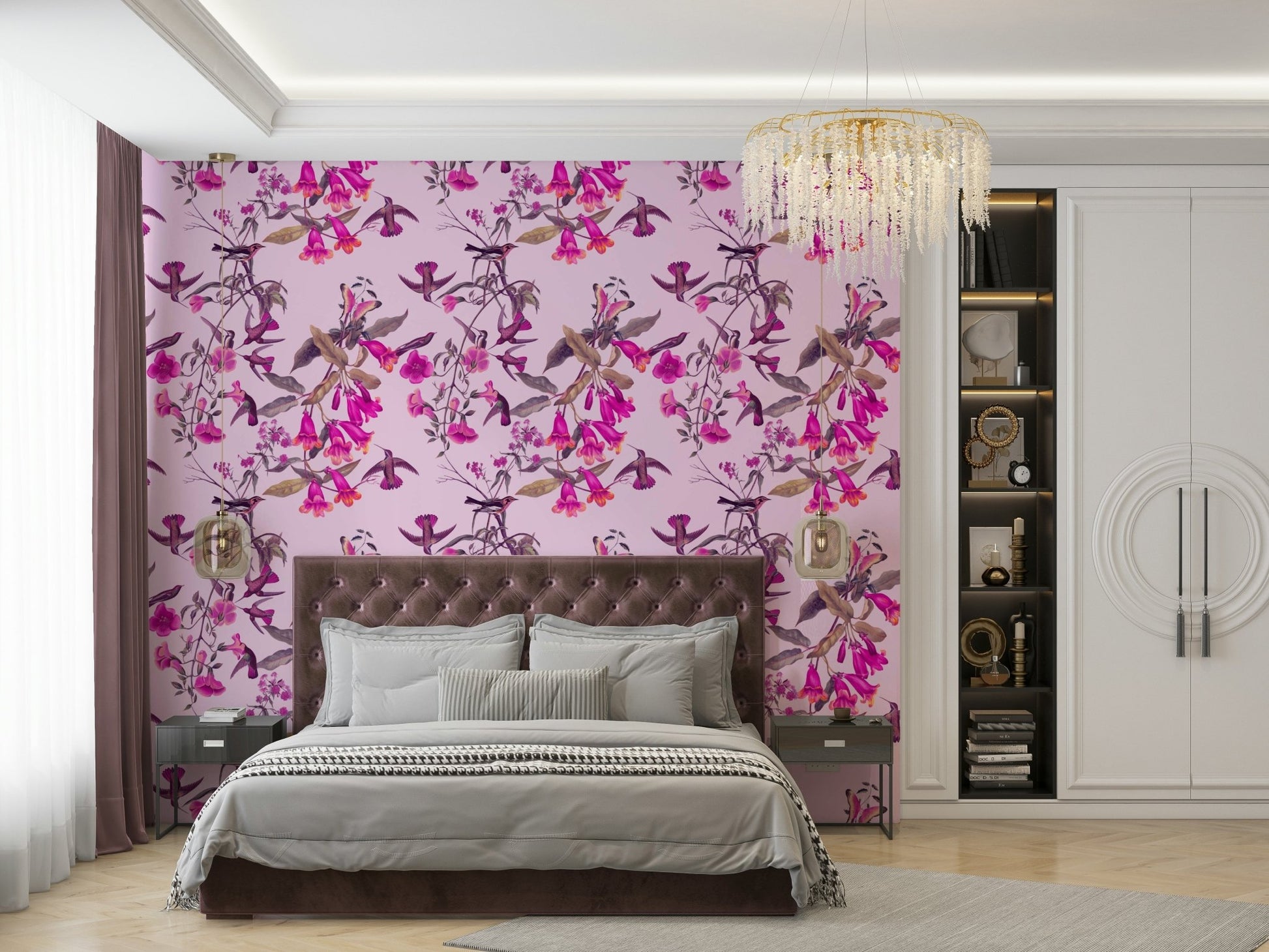 A vibrant floral aviary wall mural for your decor., GD5117