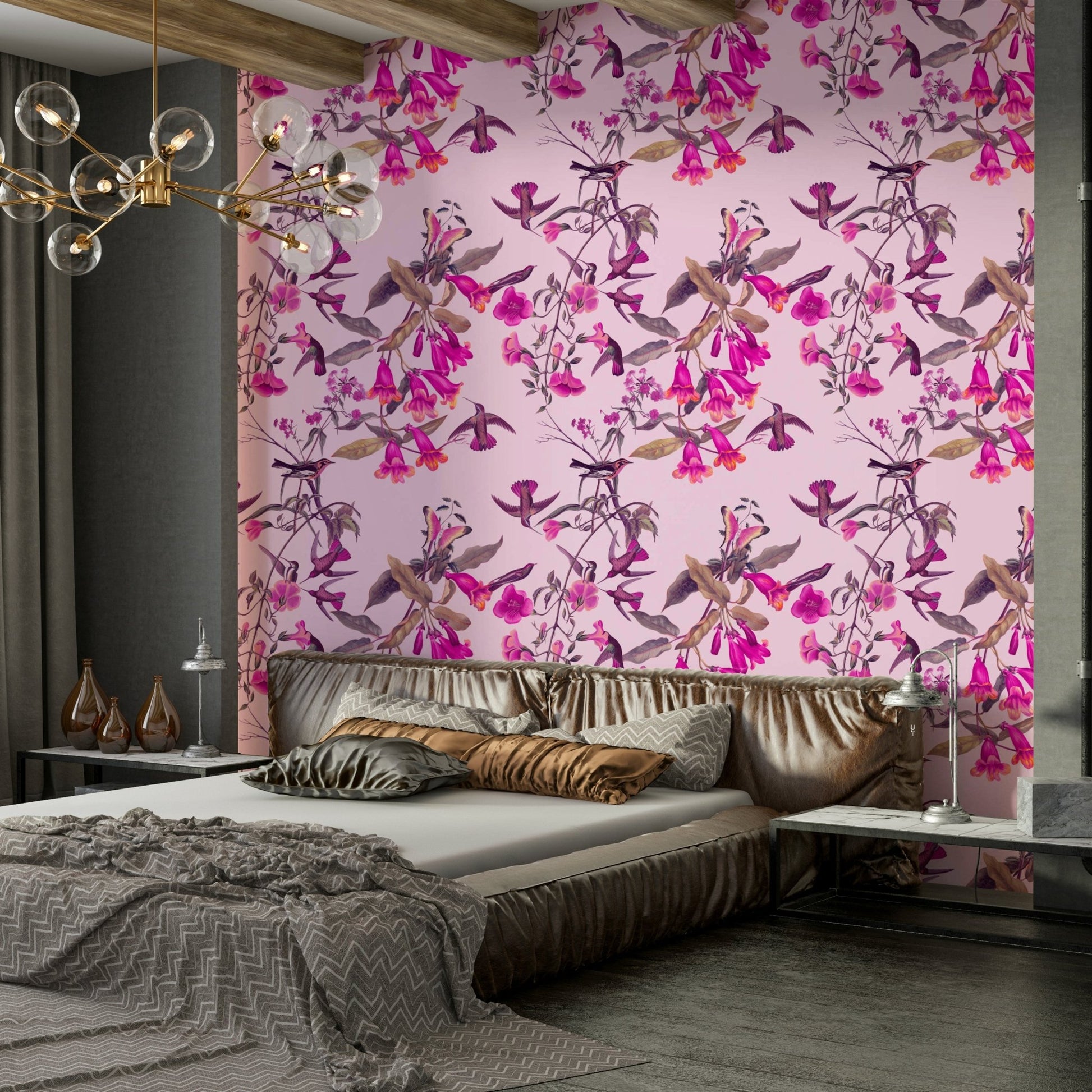 A peaceful botanical aviary mural on decorative wallpaper., GD5117