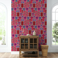 Features stylized floral motifs with a geometric and retro Scandinavian aesthetic.
