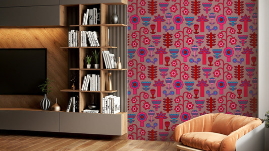 The color palette is composed of lively cherry red and pink tones, possibly with complementary colors.

