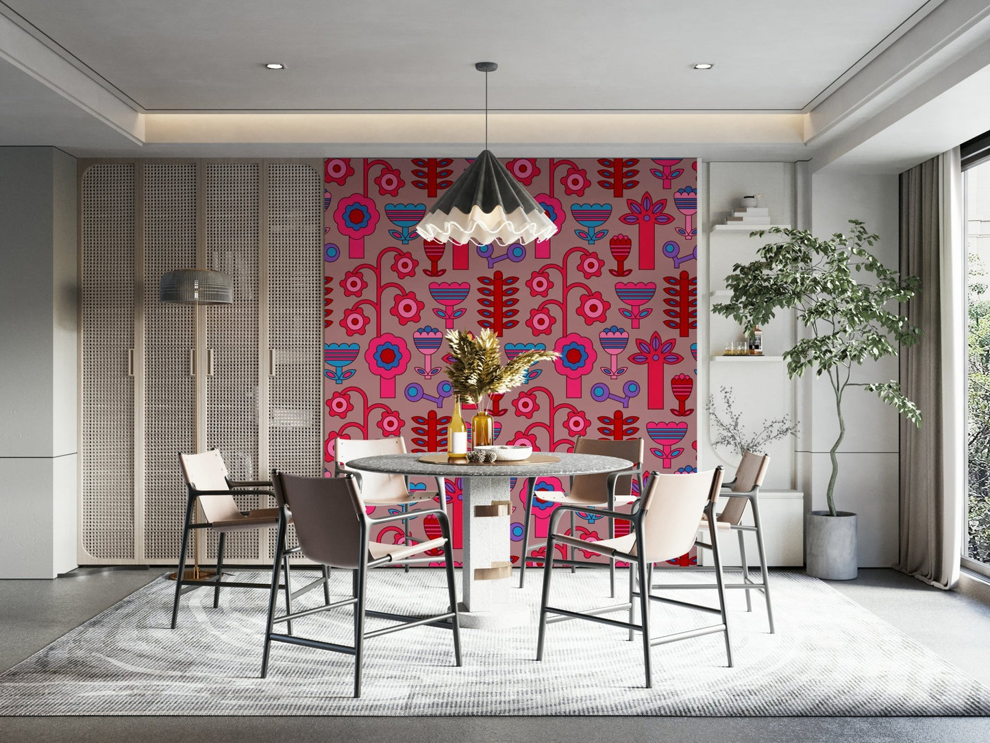 The design incorporates elements of "flower power" and a modern, clean look.
