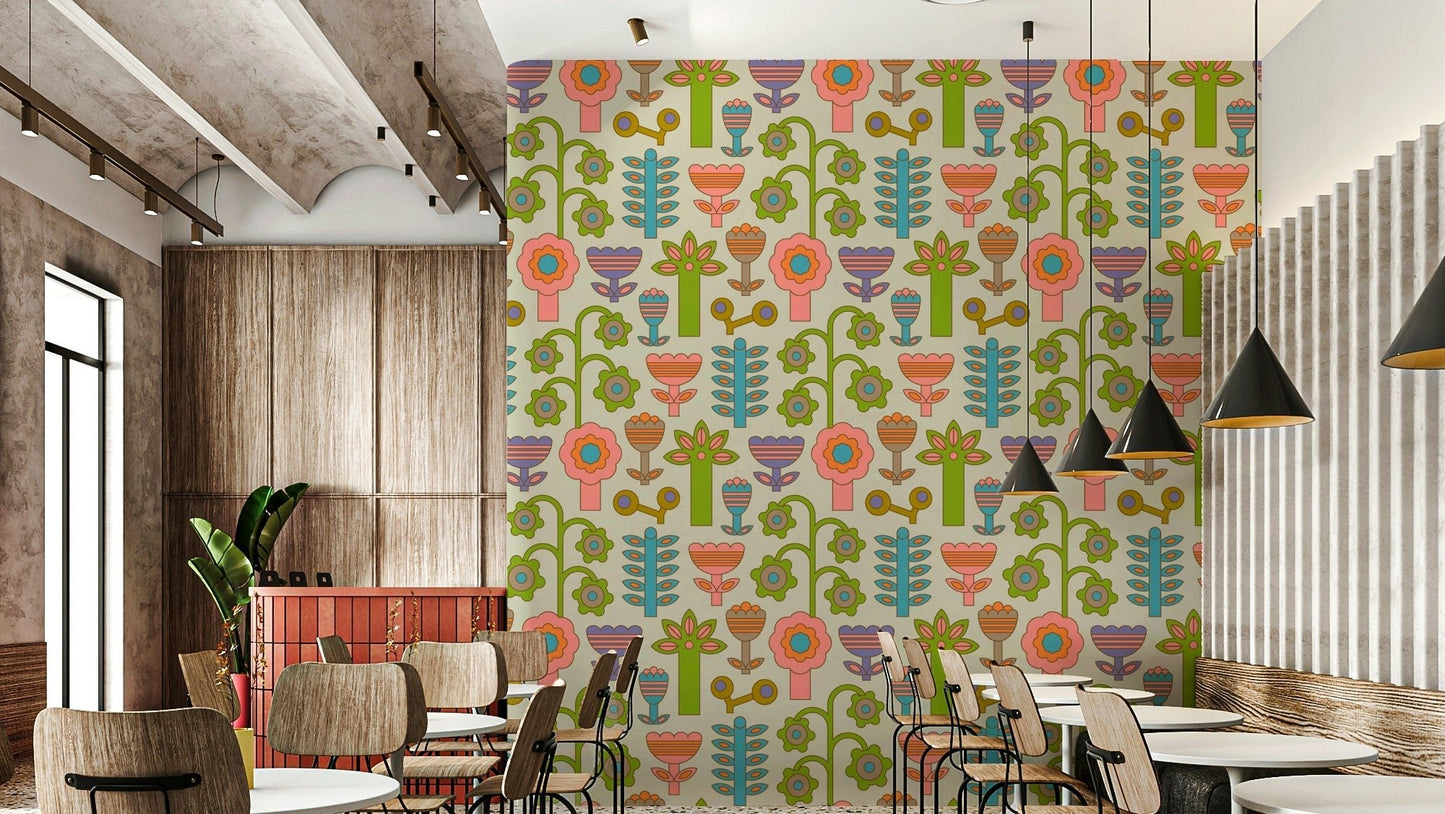 Features stylized flowers and geometric shapes.
