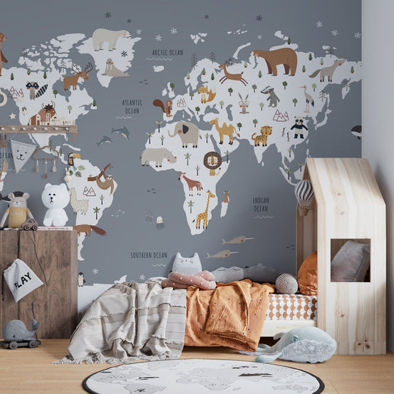 Playful animal map mural for children's rooms MM02