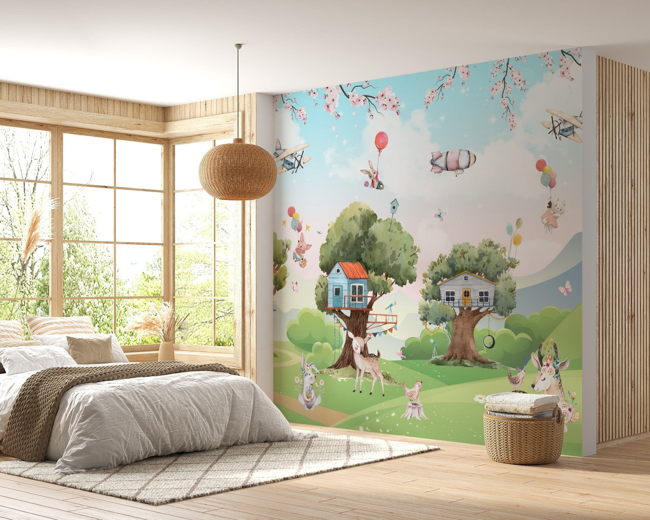 Playful jungle cartoon mural for kids' rooms
