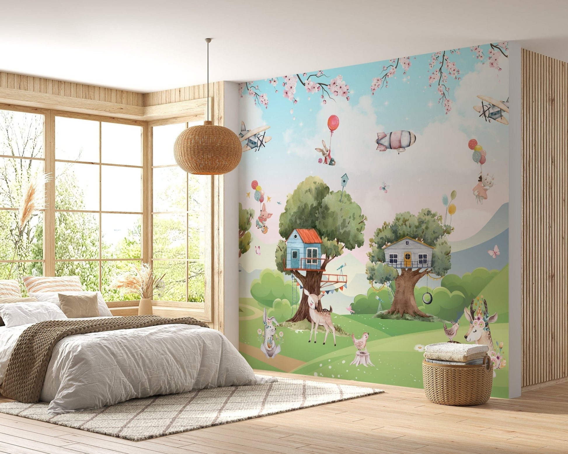Playful jungle cartoon mural for kids' rooms A221
