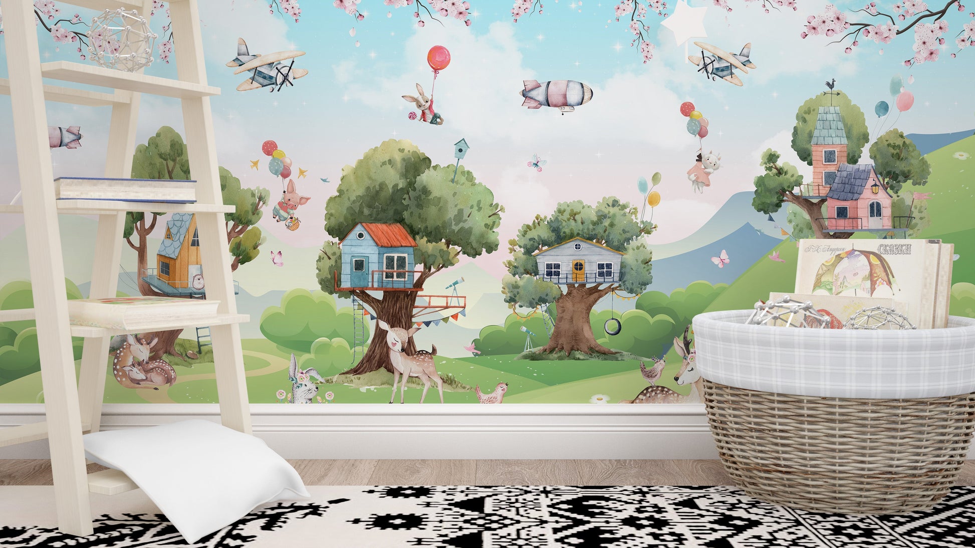 Vibrant cartoon jungle mural for children
