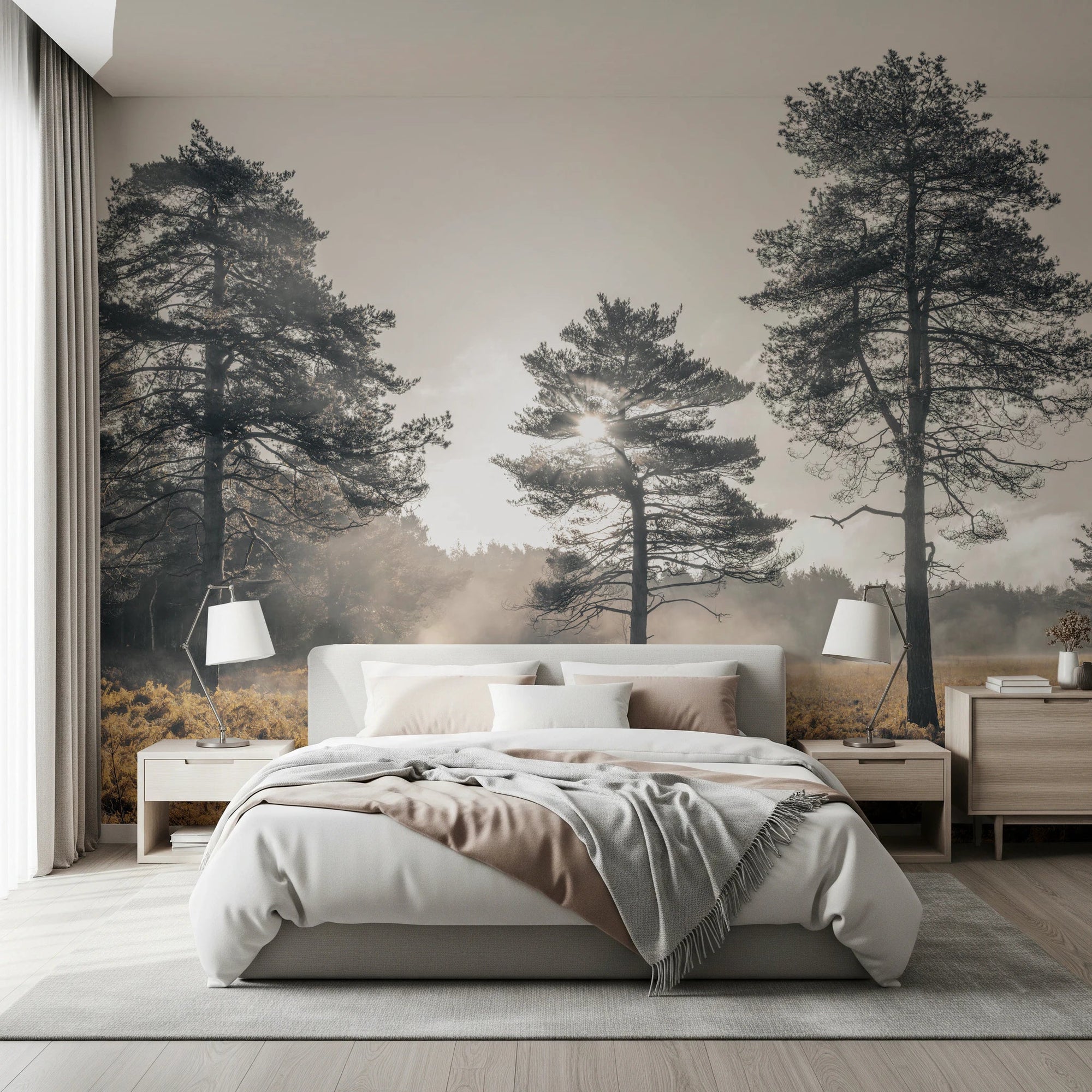 Bedroom with Magical Forest Wall Mural showing misty trees and sunlight, GD8783
