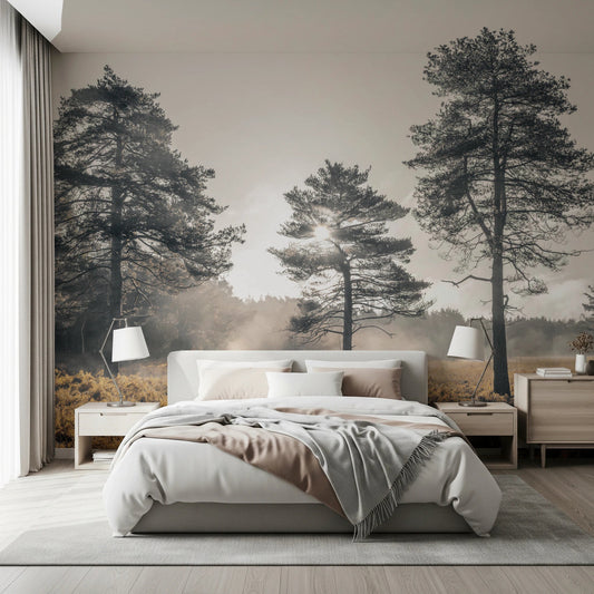 Bedroom with Magical Forest Wall Mural showing misty trees and sunlight