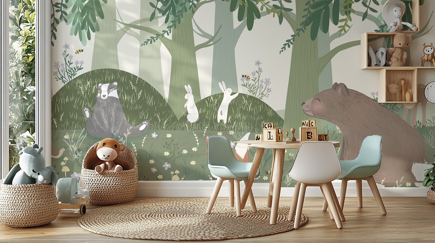 Forest wildlife wallpaper featuring rabbits and bear mural., C14