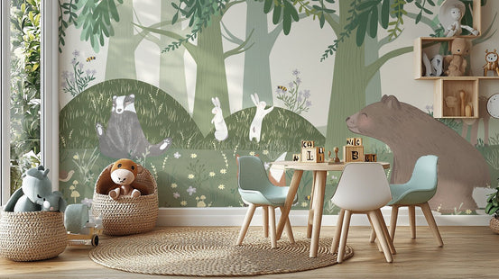 Forest wildlife wallpaper featuring rabbits and bear mural., C14