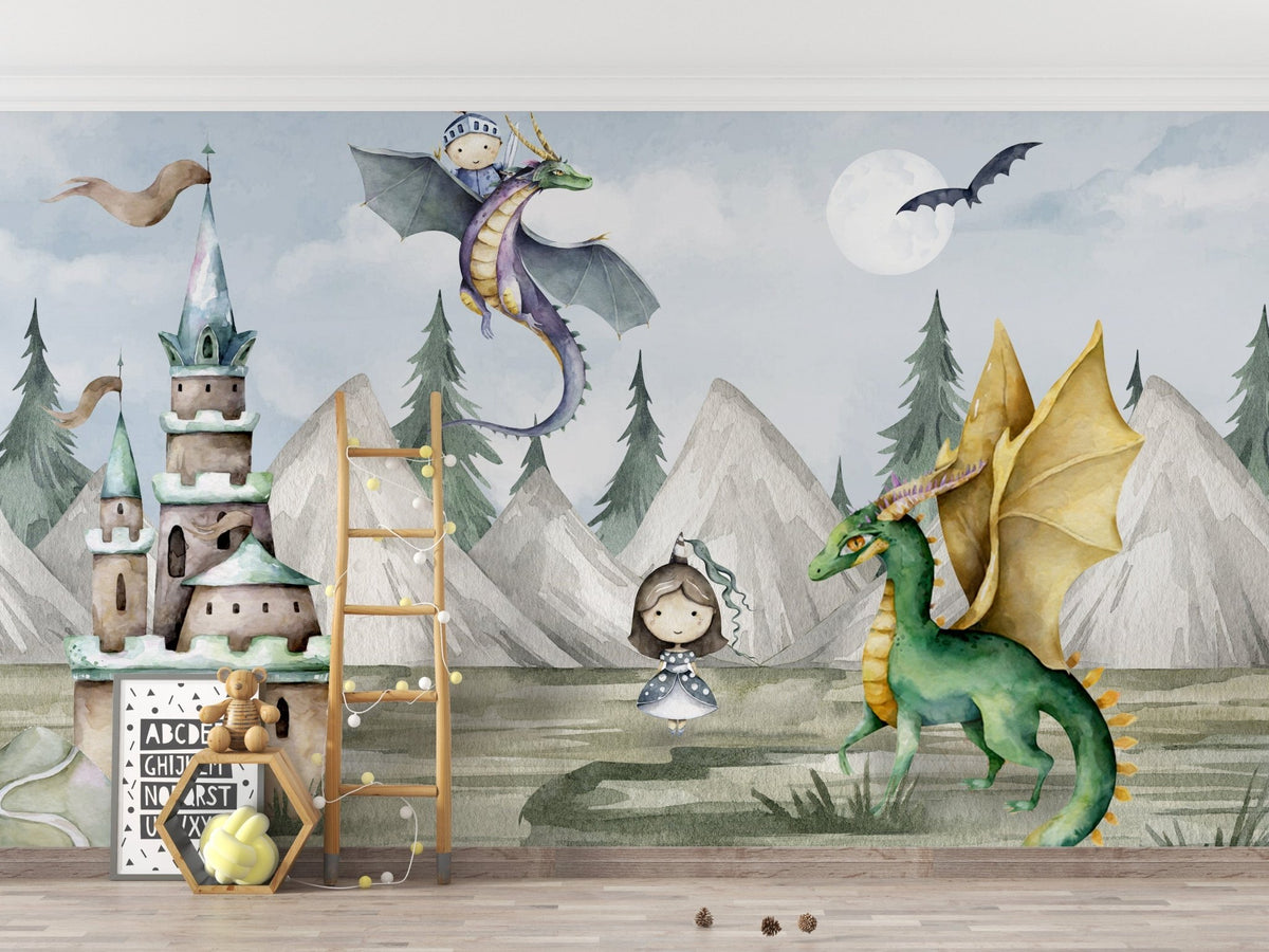 Magical kingdom wallpaper with dragons for kids' room décor., C43