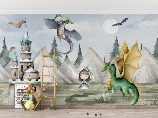 Magical kingdom wallpaper with dragons for kids' room décor., C43