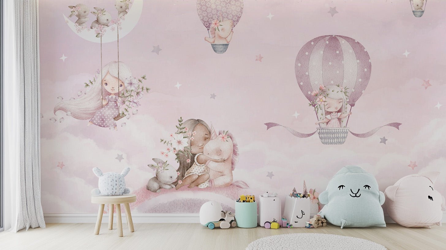 Whimsical unicorns and balloons mural
