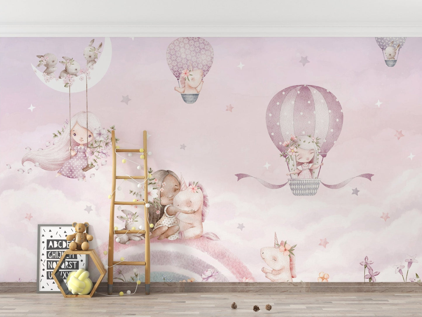 Floating unicorns and balloons wall covering
